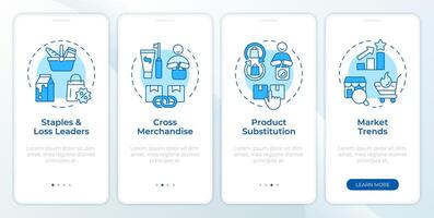 Product assortment optimization blue onboarding mobile app screen. Walkthrough 4 steps editable graphic instructions with linear concepts. UI, UX, GUI template vector