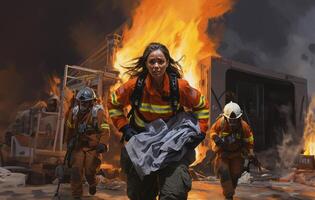 A woman firefighter leads a team of expert firefighters in handling dangerous fire situations, demonstrating leadership, courage, and effective coordination to ensure the safety and photo