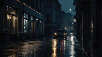 a rainy street with a light on it photo