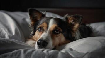 a dog laying on a bed with a blanket photo
