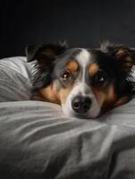 a dog laying on a bed with a blanket photo