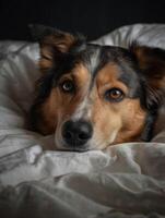a dog laying on a bed with a blanket photo