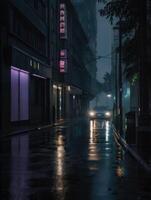a rainy street with a light on it photo