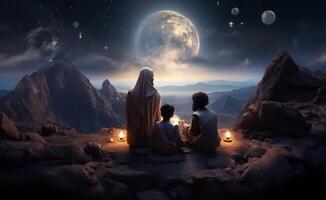 A Muslim family in the ancient mountains of the Sahara gathers to welcome the breaking of the fast at iftar during Ramadan, embodying traditions of unity, compassion, and gratitude in a photo