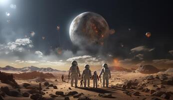 A futuristic, symbolic photograph depicts the beginnings of human civilization on Mars, showing a family walking on the surface of the red planet, evoking themes of exploration photo