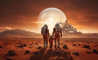 A futuristic, symbolic photograph depicts the beginnings of human civilization on Mars, showing a family walking on the surface of the red planet, evoking themes of exploration photo