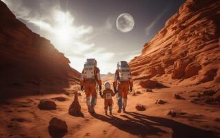 A futuristic, symbolic photograph depicts the beginnings of human civilization on Mars, showing a family walking on the surface of the red planet, evoking themes of exploration photo