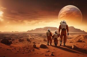 A futuristic, symbolic photograph depicts the beginnings of human civilization on Mars, showing a family walking on the surface of the red planet, evoking themes of exploration photo