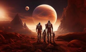 A futuristic, symbolic photograph depicts the beginnings of human civilization on Mars, showing a family walking on the surface of the red planet, evoking themes of exploration photo
