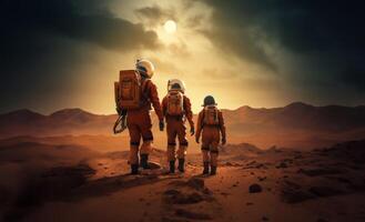 A futuristic, symbolic photograph depicts the beginnings of human civilization on Mars, showing a family walking on the surface of the red planet, evoking themes of exploration photo