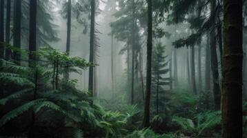 a forest with tall trees and ferns photo