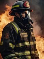 a firefighter in a gas mask standing in front of a fire photo
