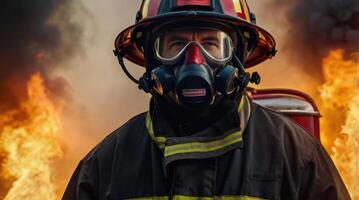 a firefighter in a gas mask standing in front of a fire photo