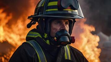 a firefighter in a gas mask standing in front of a fire photo