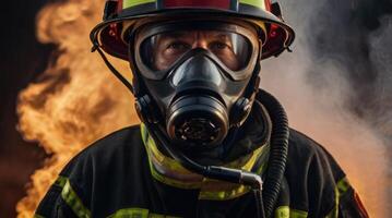 a firefighter in a gas mask standing in front of a fire photo