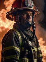 a firefighter in a gas mask standing in front of a fire photo