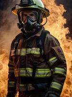 a firefighter in a gas mask standing in front of a fire photo