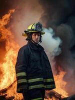 a firefighter in a gas mask standing in front of a fire photo