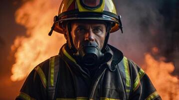 a firefighter in a gas mask standing in front of a fire photo