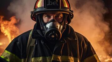 a firefighter in a gas mask standing in front of a fire photo
