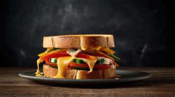 grilled cheese sandwich with tomato, lettuce and cheese on a wooden cutting board photo