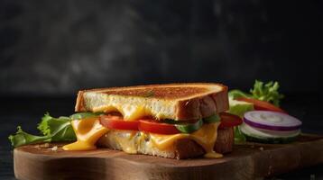 grilled cheese sandwich with tomato, lettuce and cheese on a wooden cutting board photo