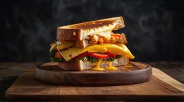 grilled cheese sandwich with tomato, lettuce and cheese on a wooden cutting board photo