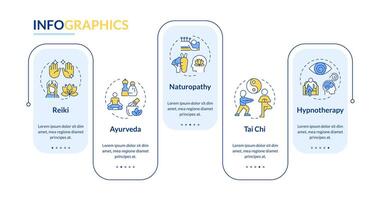Alternative medicine rectangle infographic . Reiki energy, ayurveda treatment. Data visualization with 5 steps. Editable rectangular options chart vector