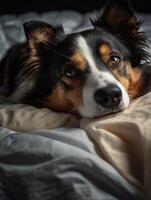 a dog laying on a bed with a blanket photo