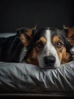 a dog laying on a bed with a blanket photo