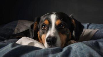 a dog laying on a bed with a blanket photo
