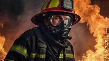 a firefighter in a gas mask standing in front of a fire photo