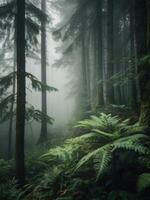a forest with tall trees and ferns photo