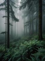 a forest with tall trees and ferns photo