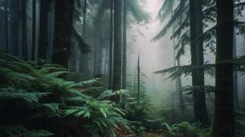 a forest with tall trees and ferns photo