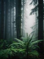 a forest with tall trees and ferns photo