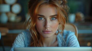 Portrait of attractive young woman at home working on laptop computer remotely. photo