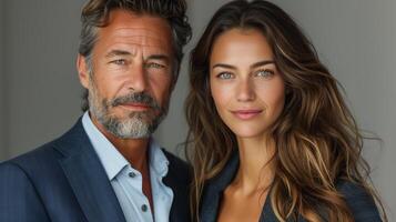 Portrait of a middle aged man and young woman on studio background. Stock image. photo