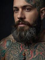a man with tattoos and a beard photo
