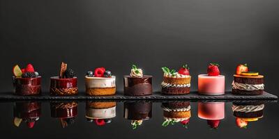 Assorted gourmet cakes on black reflective surface with fresh fruits and mint minimalistic closeup dessert concept photo