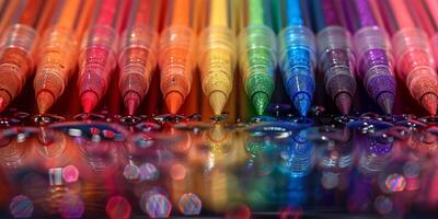 Close-up of colorful glitter pens, markers on glossy surface copy space luxury glamour back to school business concepts photo