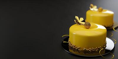 Elegant yellow cake with glossy icing on black background luxury glamour copy space minimalism concept with copy space photo