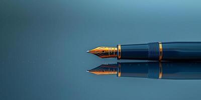 A close up of a blue fountain pen with a golden nib reflected on a smooth blue surface. minimalist, elegance of the pen. This image suits corporate branding and upscale writing instruments. photo