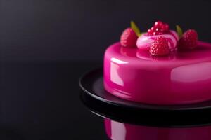Delicious shiny pink cake with raspberries on black plate on black glossy reflective background, luxury dessert or bakery concept with copy space photo