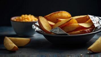 baked potato wedges with ketchup on a wooden table photo