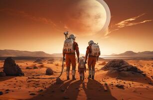 A futuristic, symbolic photograph depicts the beginnings of human civilization on Mars, showing a family walking on the surface of the red planet, evoking themes of exploration photo