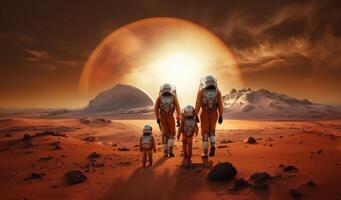 A futuristic, symbolic photograph depicts the beginnings of human civilization on Mars, showing a family walking on the surface of the red planet, evoking themes of exploration photo