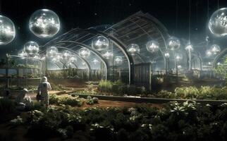 A futuristic depiction of agriculture shows cultivation and farming in glass enclosures on the surface of Mars in space, highlighting innovation and sustainability efforts in space photo
