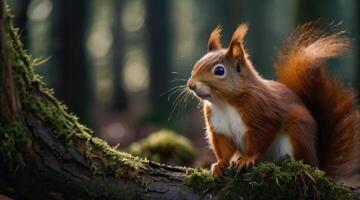 a red squirrel sits on a log in the woods photo