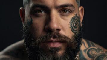 a man with tattoos and a beard photo